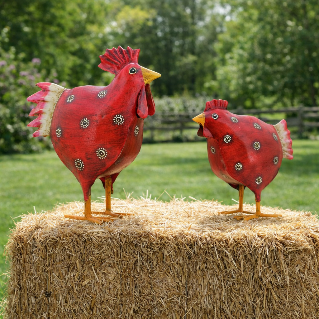 Huhn Hahn Metall Deko 2fach sort. H16cm + H23cm Figuren rot Outdoor Dekoration Ostern 2Größen wählbar