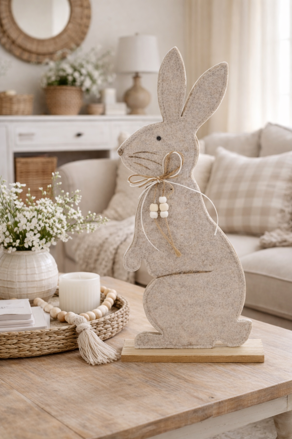 Hase auf Holzbase natur/braun Filz H24+35cm Ostern Osterhase 2Größen wählbar