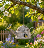 Lade das Bild in den Galerie-Viewer, Nistkasten Vogelhaus Metall zum Hängen Teekanne Shabby Ø32x22cm H17cm grau/schwarz
