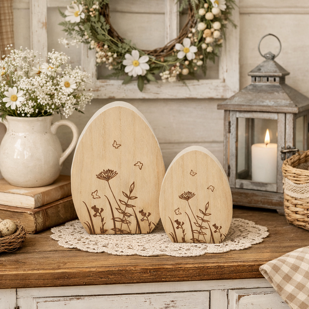 Ei Holz natur H12+18cm 2erSet stehend Deko Ostern Landhaus Osterdekoration