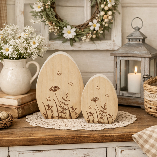 Ei Holz natur H12+18cm 2erSet stehend Deko Ostern Landhaus Osterdekoration