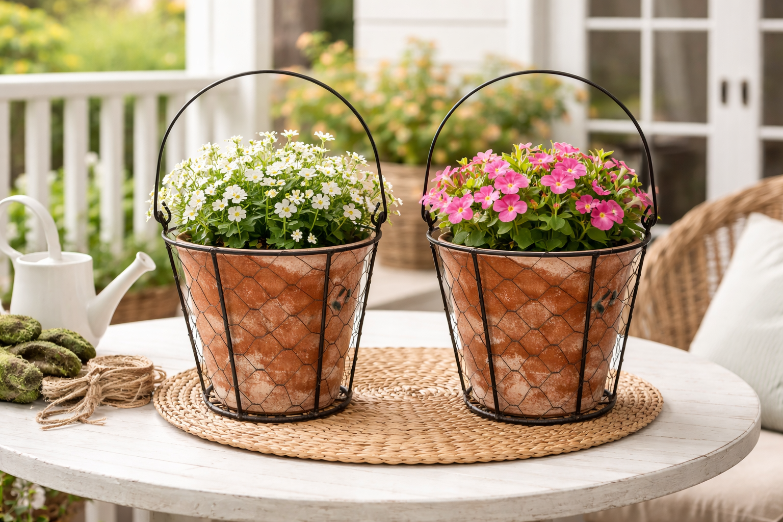 Topf Zement VALO mit Draht 2erSet und Henkel Übertopf terra Pflanzgefäß Shappy Antik Blumentopf H16cm+H18cm 2Größen wählbar