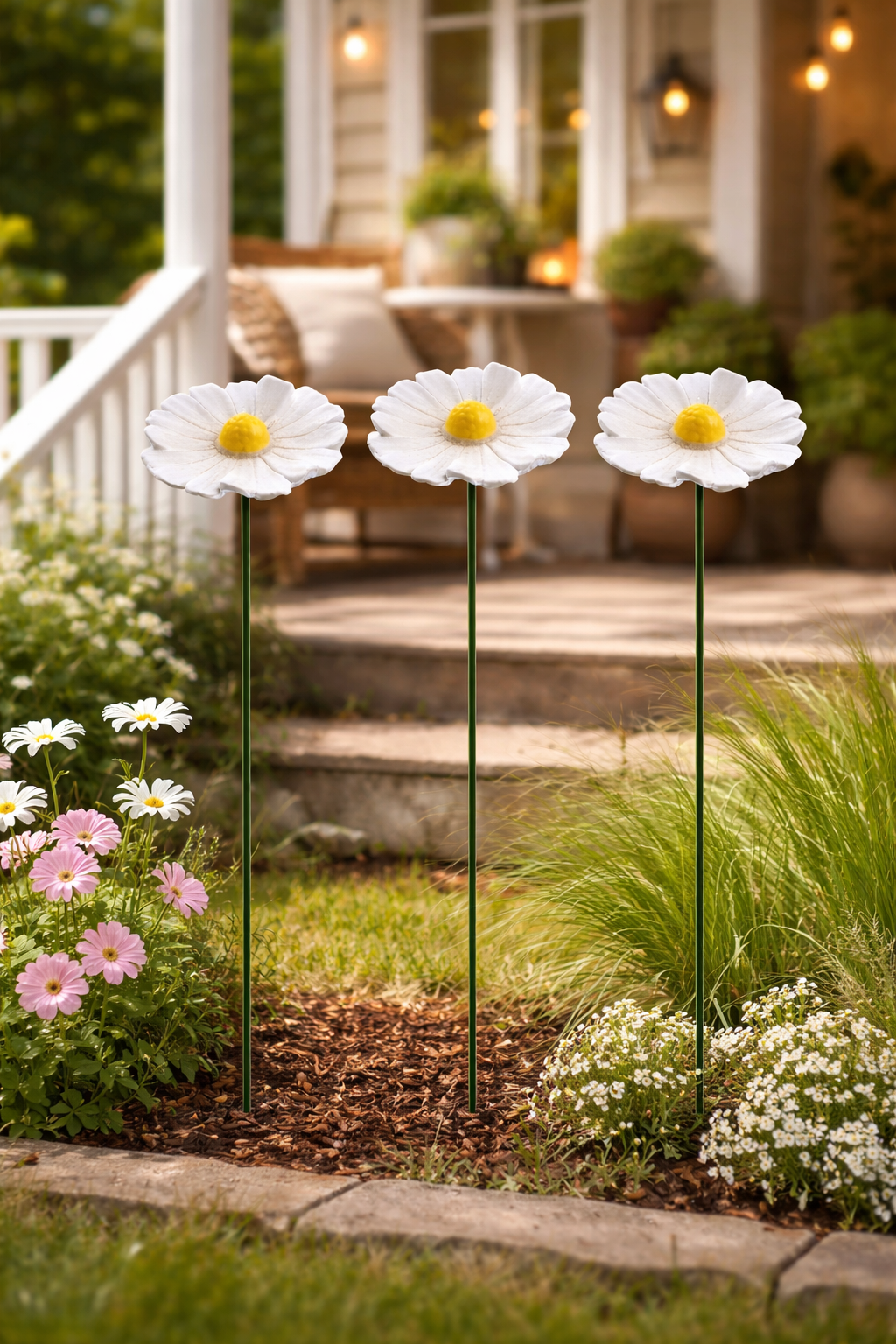 Blüte Margerite Keramik 3erSet weiß Gartenstecker Ø7,5cm + Ø9cm Stab 48cm Stecker Blütenstecker Garten 2Größen wählbar