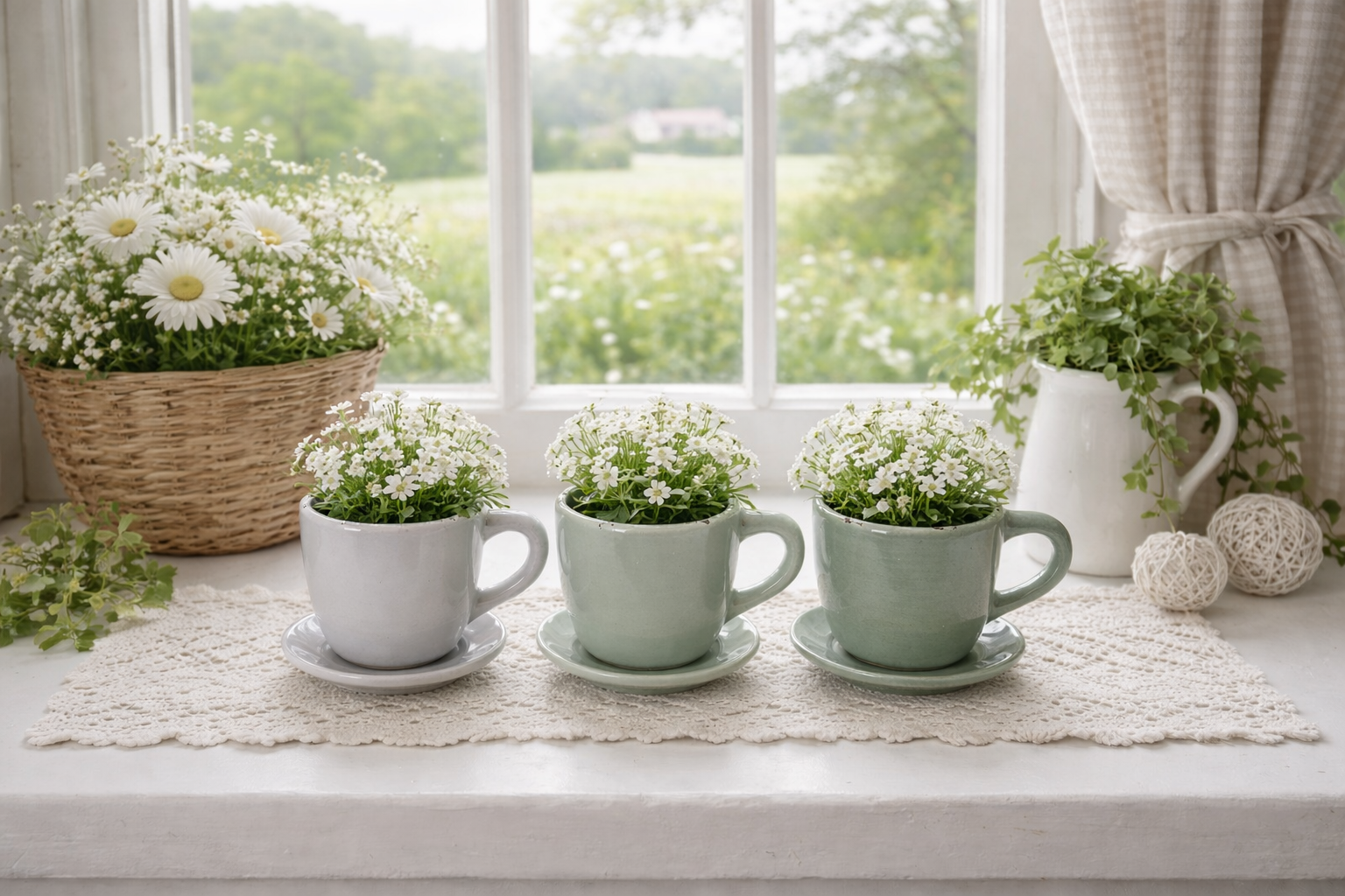 Pflanztasse Dolomit 3Fb. sort. grün/grau Tasse Pflanztopf mit Unterteller Keramik Ø10x8cm H7cm