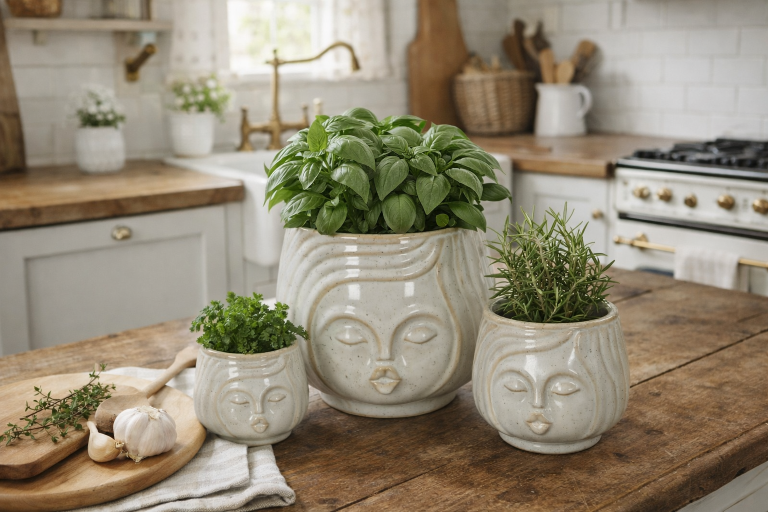 Topf Keramik creme Gesicht Blumentopf Übertopf Ø8+12+14cm 3Größen wählbar