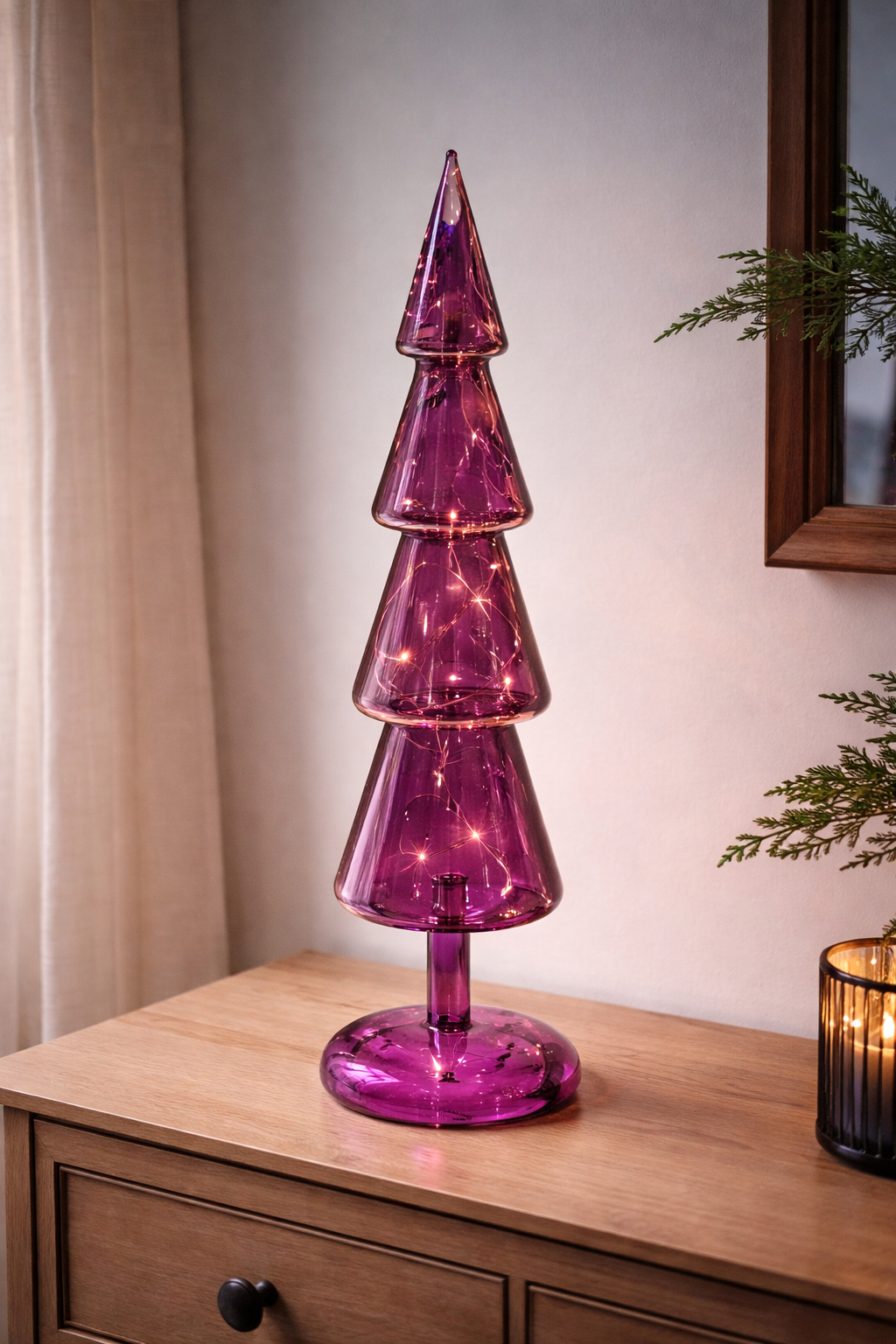 LED Tanne Glas H40cm violett 10LED Lichter mit Timerfunktion Tannenbaum Weihnachten Tischdeko