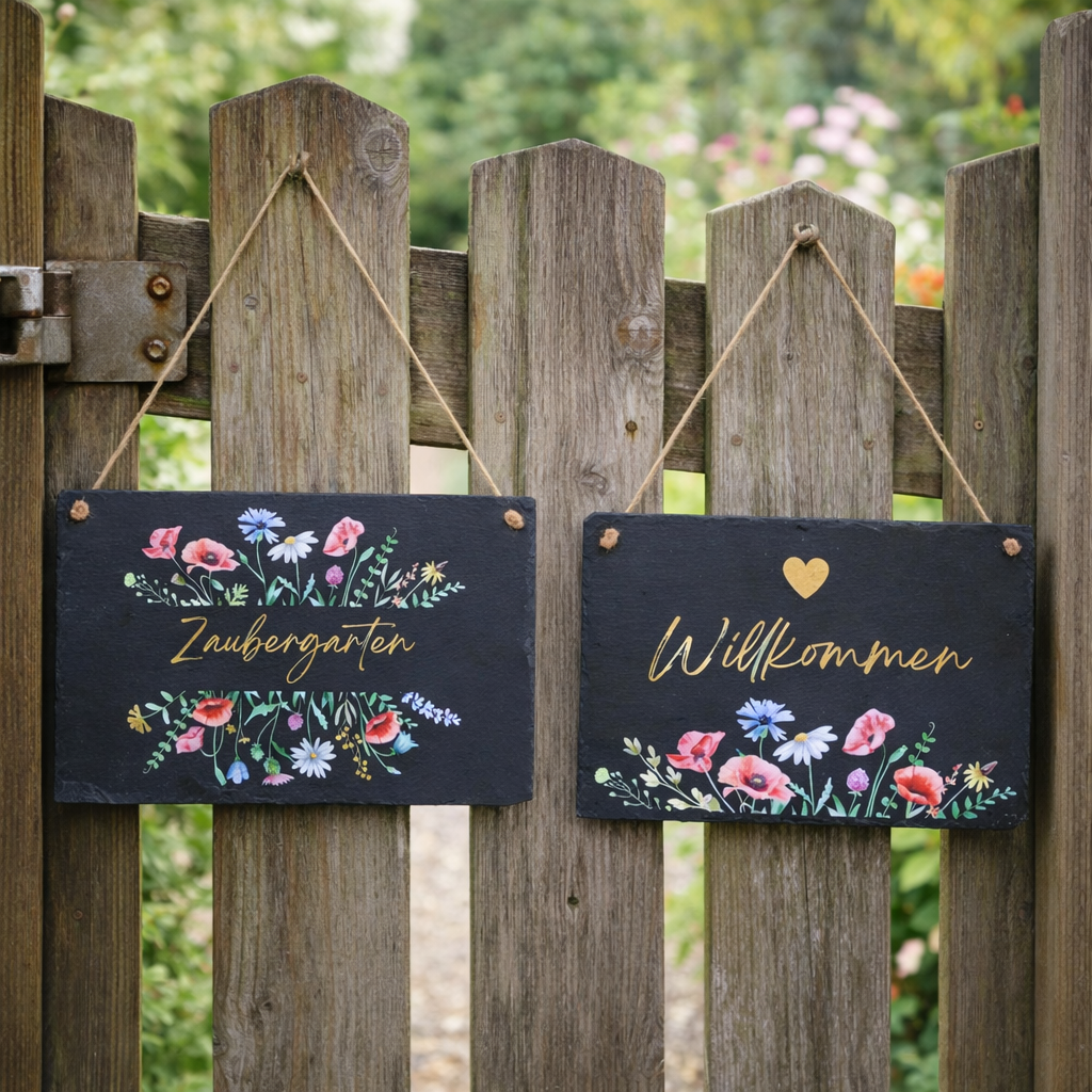 Spruchschild Schiefertafel 2fach sort. zum Aufhängen "Willkommen" und "Zaubergarten" Schieferplatte Eingangstür Gartentür 30xH20cm
