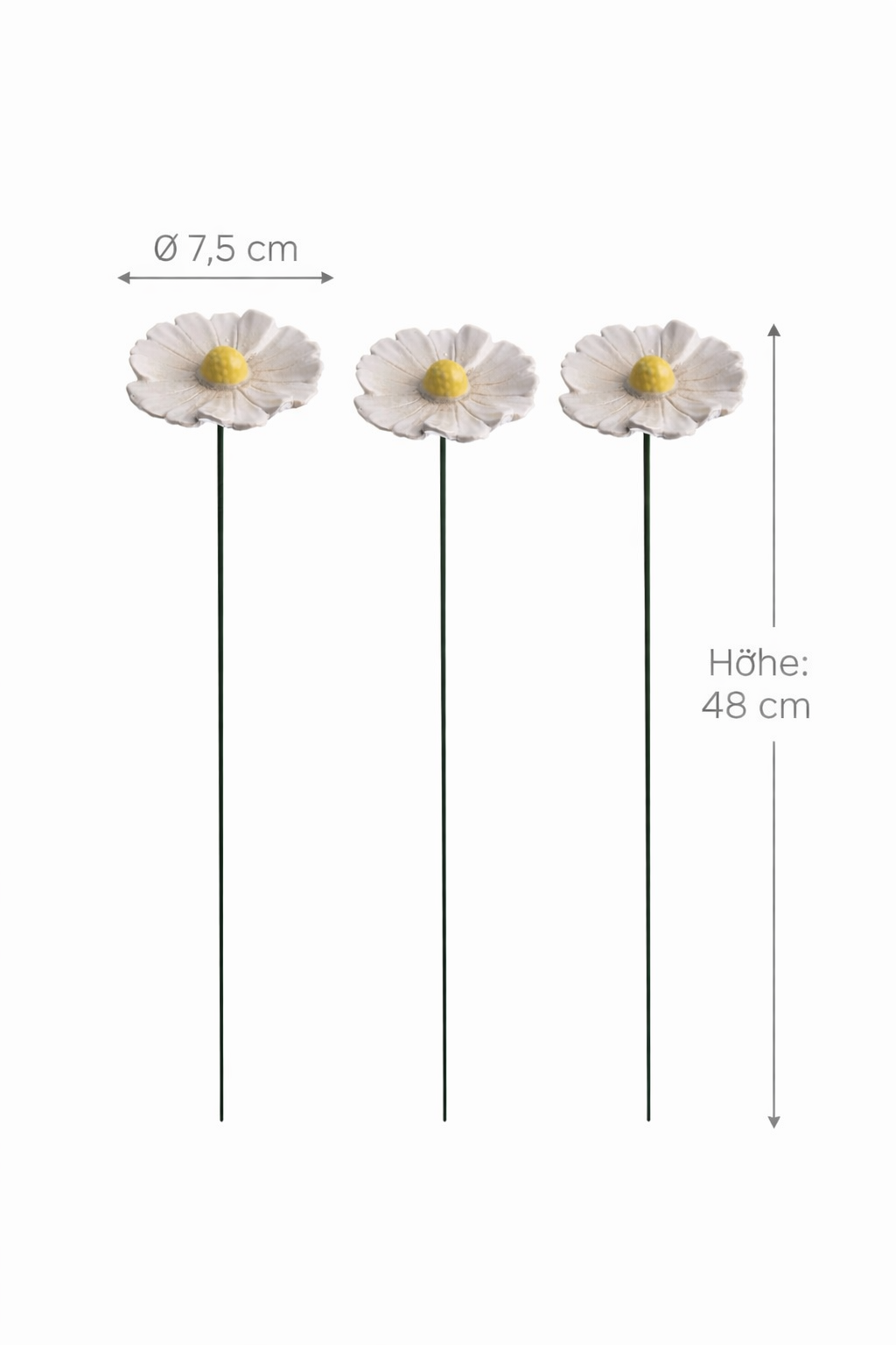 Blüte Margerite Keramik 3erSet weiß Gartenstecker Ø7,5cm + Ø9cm Stab 48cm Stecker Blütenstecker Garten 2Größen wählbar