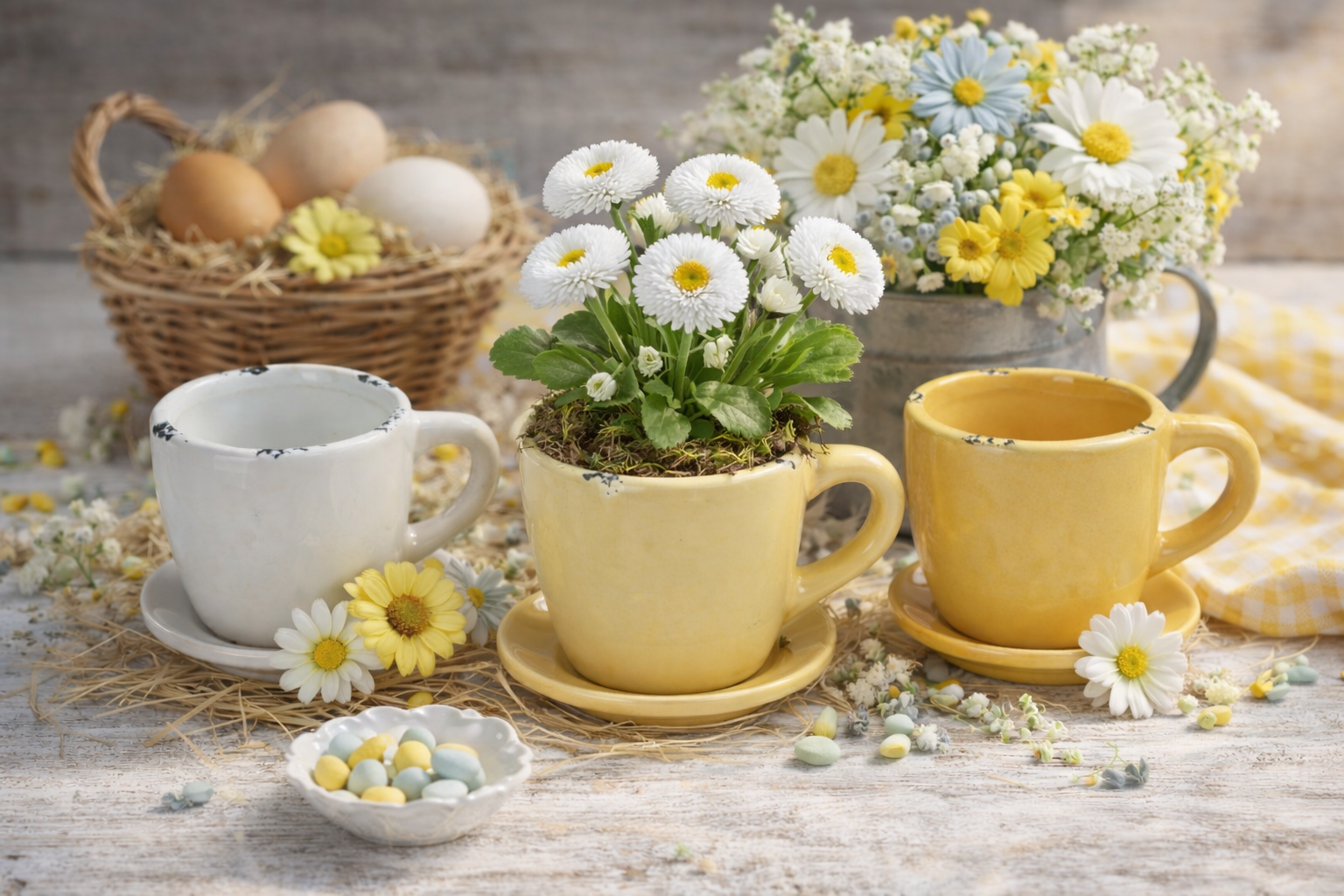 Pflanztasse Dolomit 3Fb. sort. gelb/creme Tasse Pflanztopf mit Unterteller Keramik Ø10x8cm H7cm