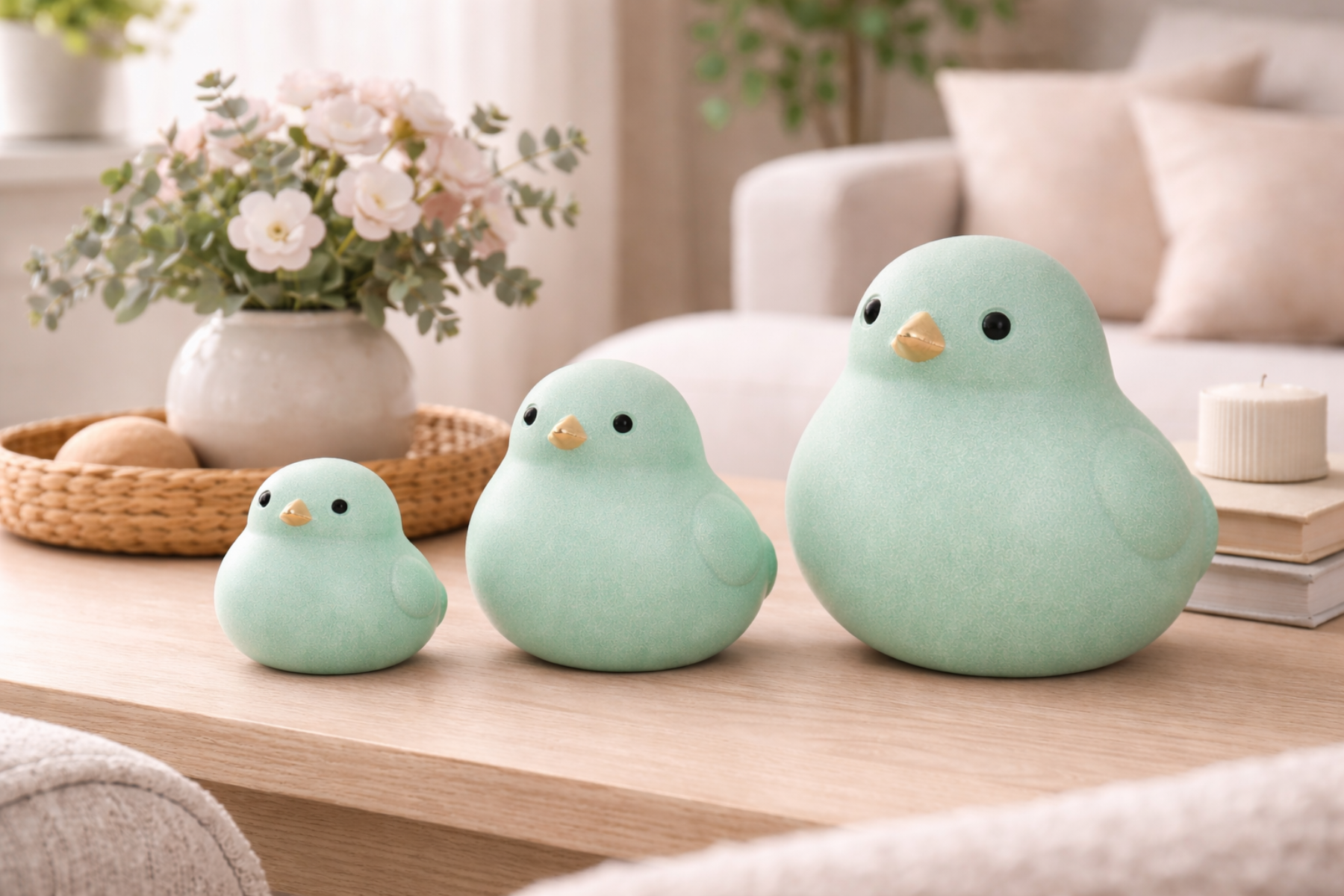 Vogel Keramik Dekofigur H12,5cm+ H18,5cm+H24cm Moderner Dekovogel in mint Wohnraum- & Tischdekoration 3Größen wählbar