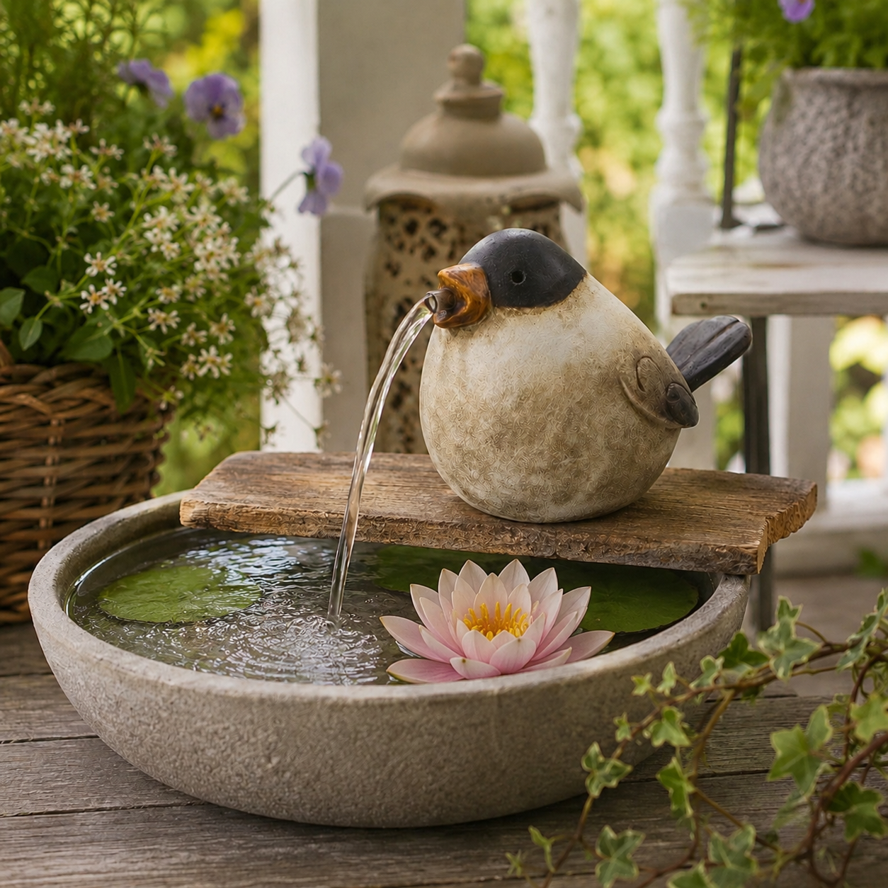 Wasserspeier Vogel und Pumpe braun-natur Steinzeug Wasserspiel 16x11cm H13cm Dekorativer Gartenbrunnen für Teich, Wasserschale, Terrasse & Balkon
