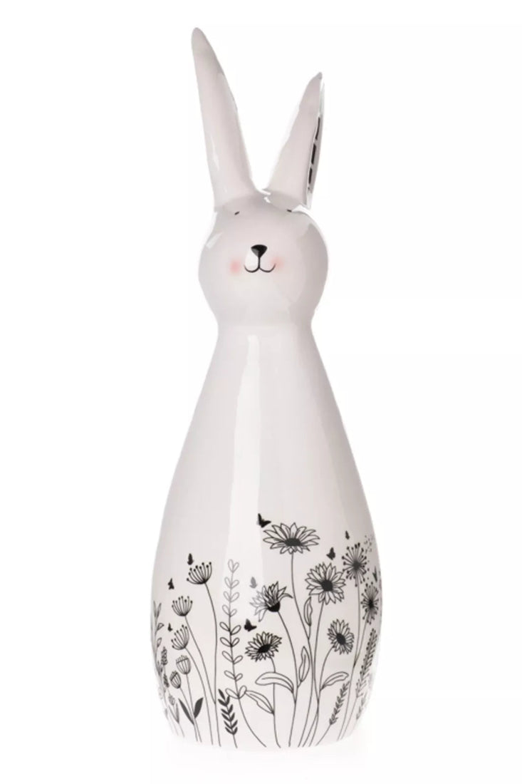 Hase Ostern Figur weiß-schwarz Blumendekor Keramik  Ø6,5x8cm H18cm Skulptur Landhaus