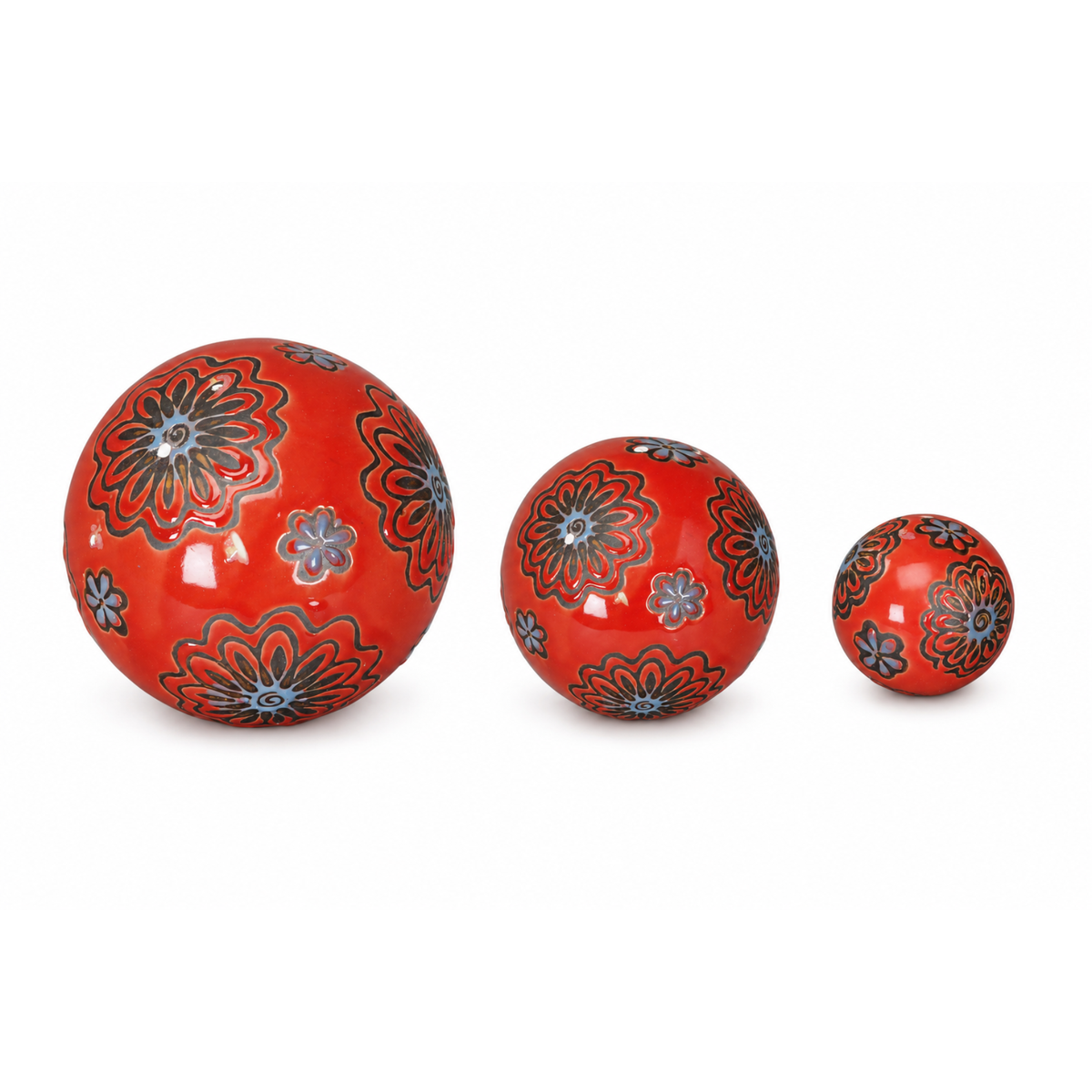 Schwimmkugel rot/blau Ø4cm/Ø6cm/Ø7,5cm Blüten Porzellan 3er Set Gartendekoration Schwimmende Deko Kugeln für Teich, Brunnen & Wasserschalen Elegante Garten Deko