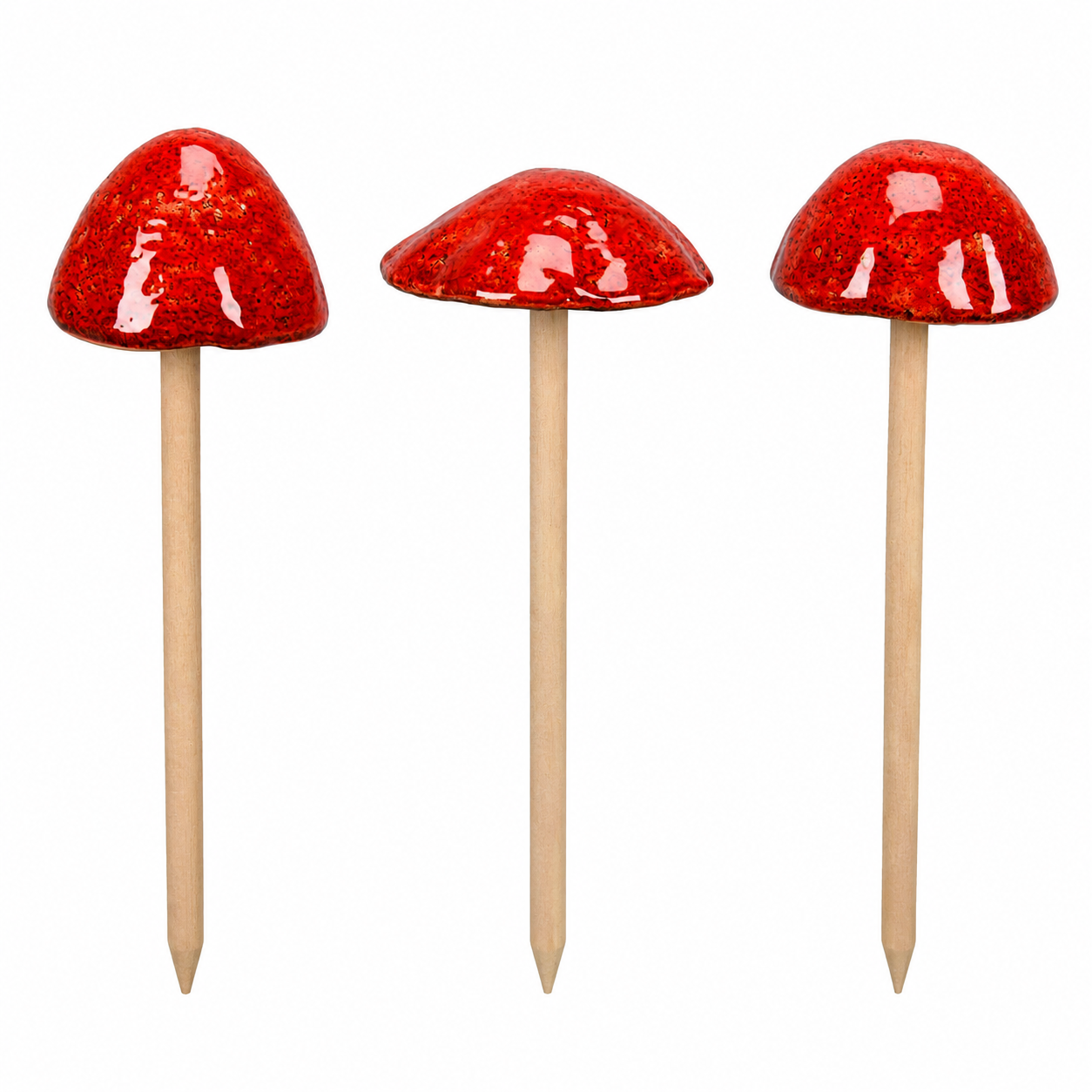 Pilz zum Stecken 3er-Set Rot – Ø7 x H30 cm aus Steinzeug – Dekopilze für Herbst, Weihnachten & Tischdeko