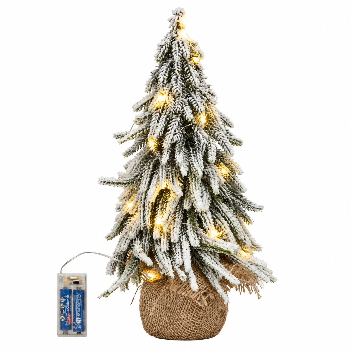 Weihnachtsbaum mit Beleuchtung im Jutesack 20LED mit Timer grün beschneit H36cm + H52cm Tannenbaum Weihnachten Dekoration Advent 2Größen wählbar