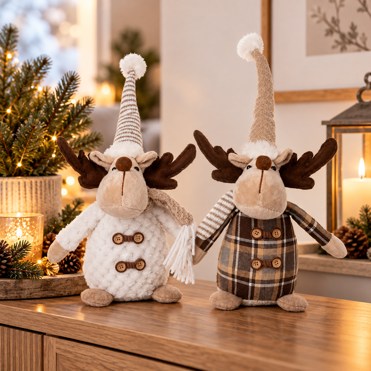 Deko-Hirsch 41 cm in Weiß & Braun – Dekorativer Stoffhirsch als Winterdeko, Weihnachtsdeko & Tischdekoration