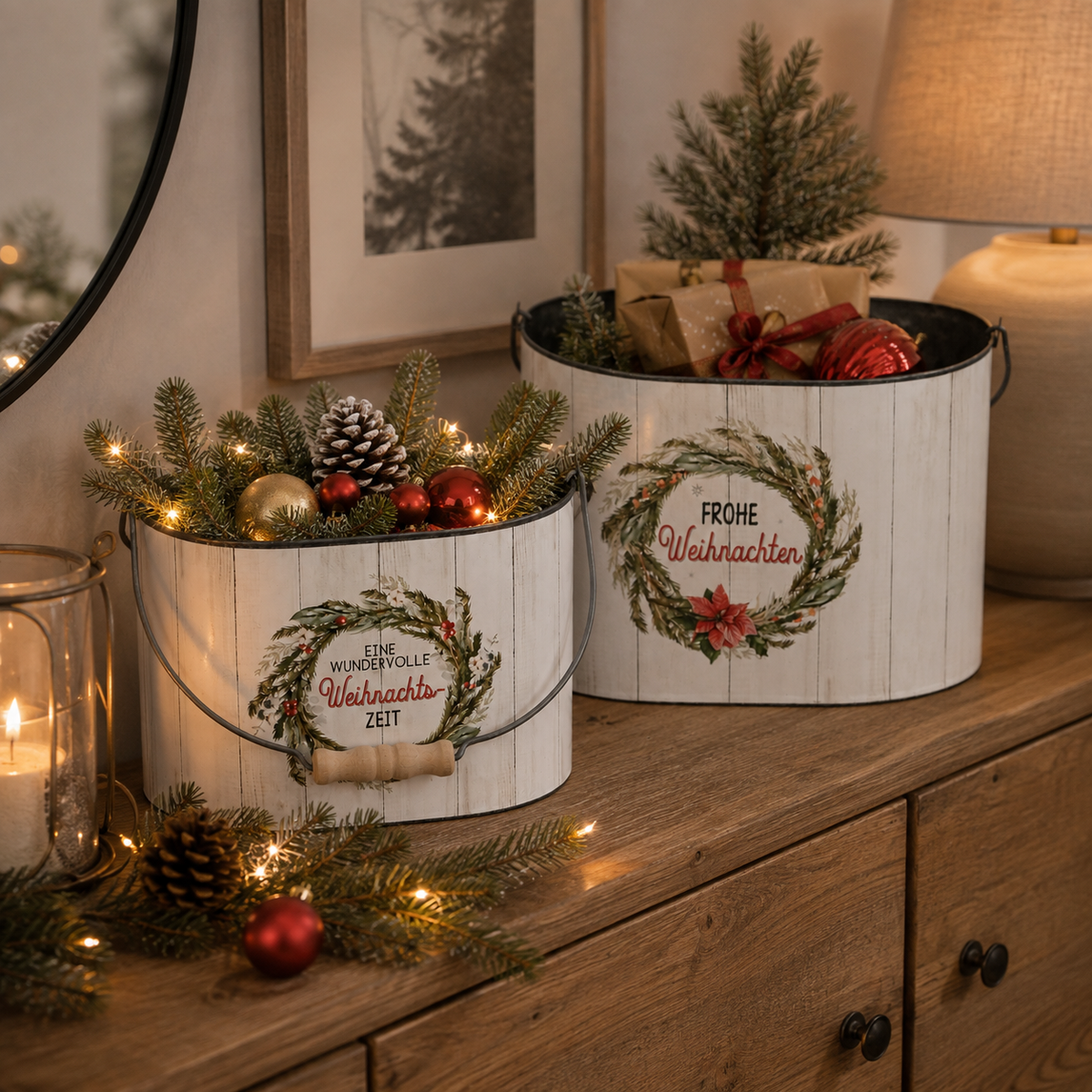Eimer mit Henkel Metall Weihnachtsmotiv Spruch farbig H15cm + H18cm Blumentof 2er Set oval Übertopf Pflanzeimer