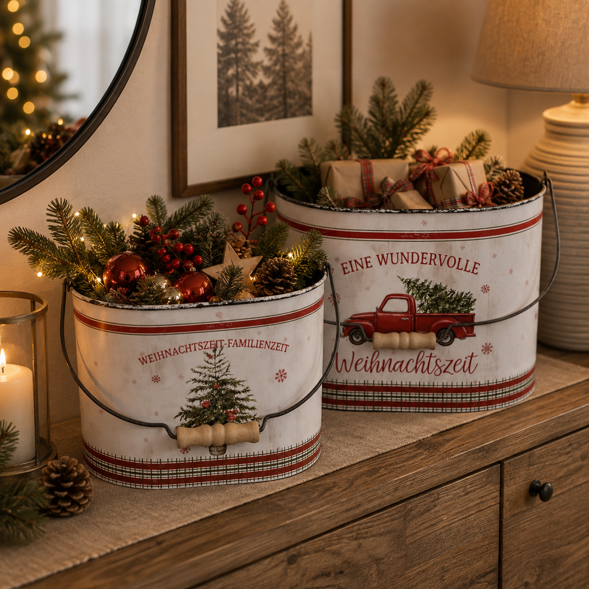 Eimer mit Henkel Metall Weihnachtsmotiv Tanne/Auto Spruch farbig H15cm + H18cm Blumentof 2er Set oval Übertopf Pflanzeimer