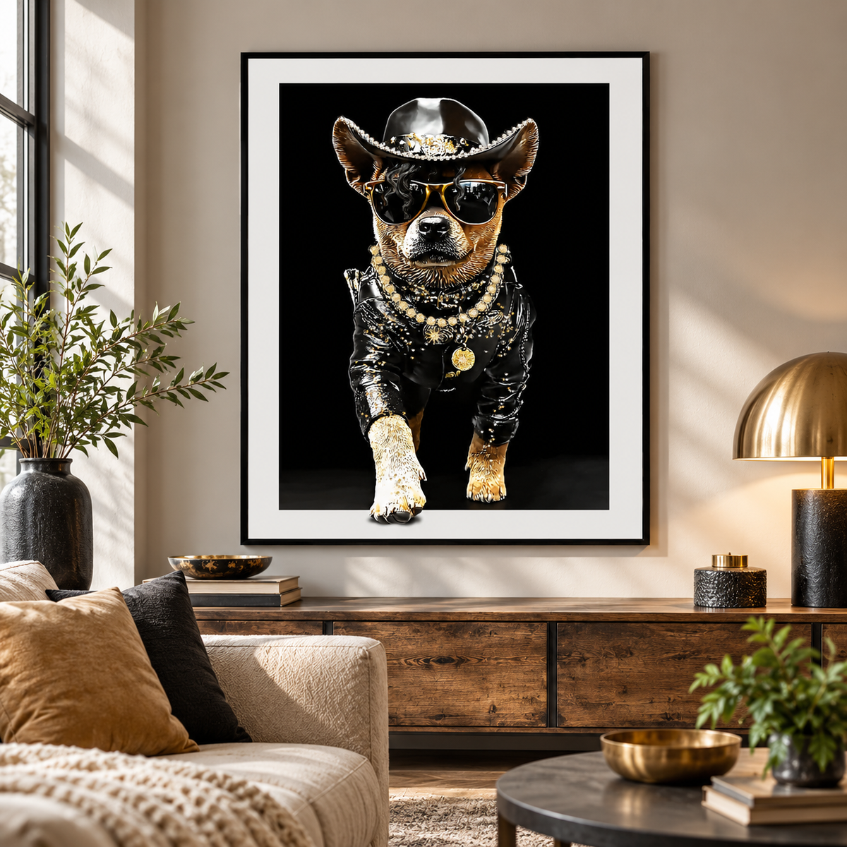 Cowboy-Dog Wandbild 82 x 62 cm – Dekoratives Hunde-Motiv im Western-Stil – Wanddeko, Wohnaccessoire & Blickfang