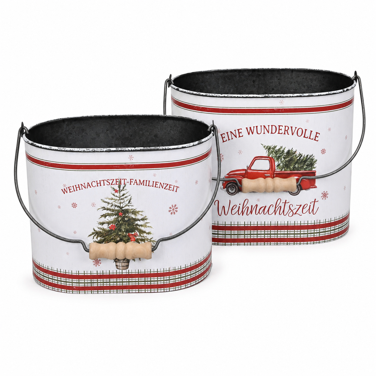 Eimer mit Henkel Metall Weihnachtsmotiv Tanne/Auto Spruch farbig H15cm + H18cm Blumentof 2er Set oval Übertopf Pflanzeimer