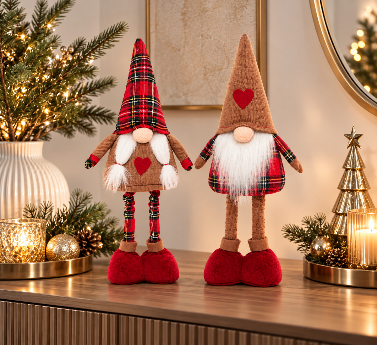 Deko Wichtel 2er Set 54 cm – Weihnachtswichtel aus Holz, Sand & Filz in Braun & Rot, höhenverstellbar
