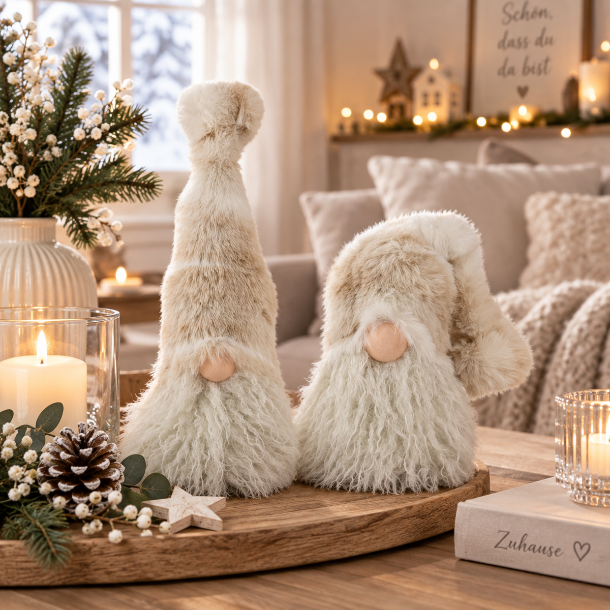 Wichtel RUNT 2-fach sortiert – Creme Stoff Wichtel 12 x H 22 cm – Weihnachtswichtel mit stehender & hängender Mütze – Winterliche Deko