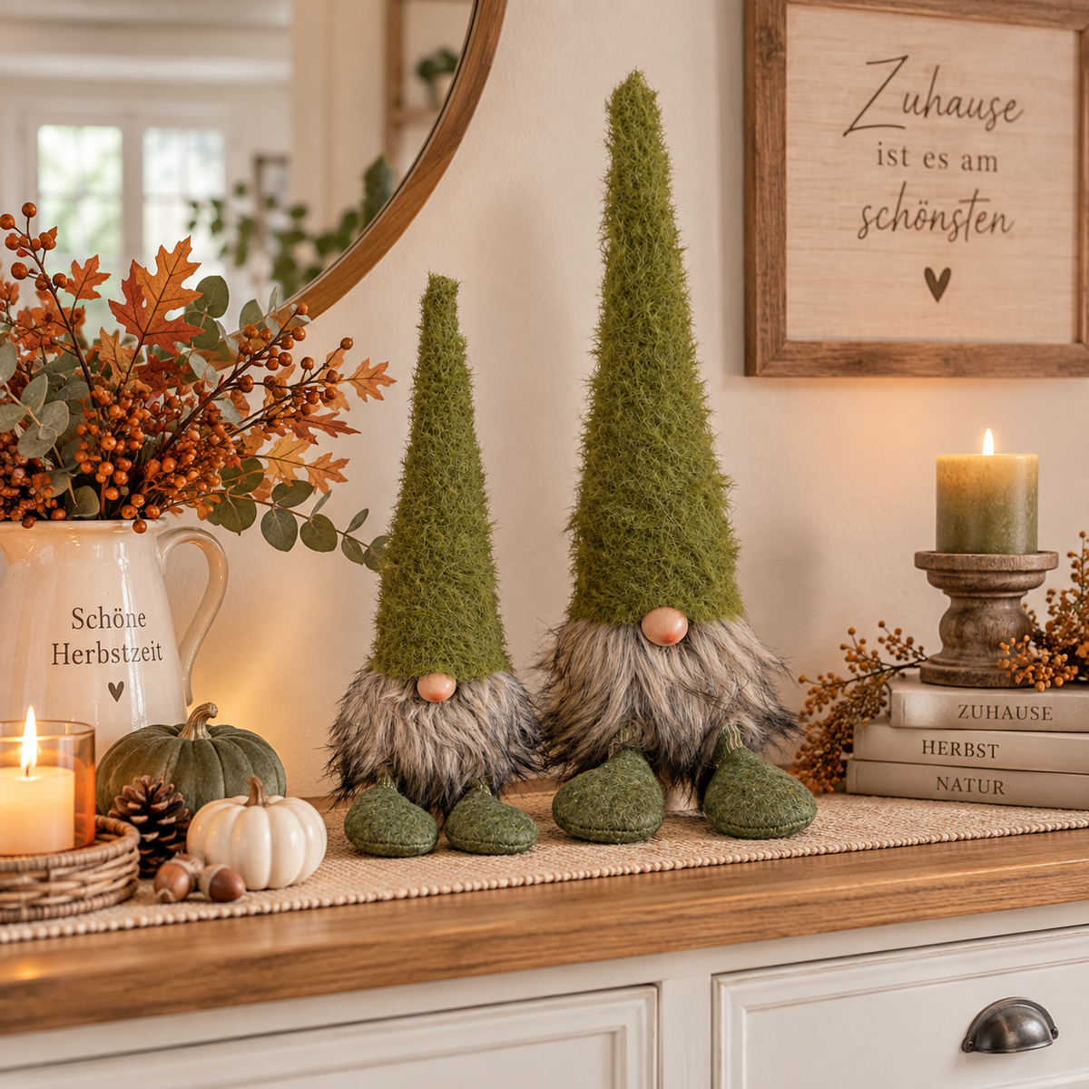 Gnom Lilian grün aus Filz – Wichtel Figur & Skulptur für Herbstdeko, H37 & 50 cm 2Größen wählbar