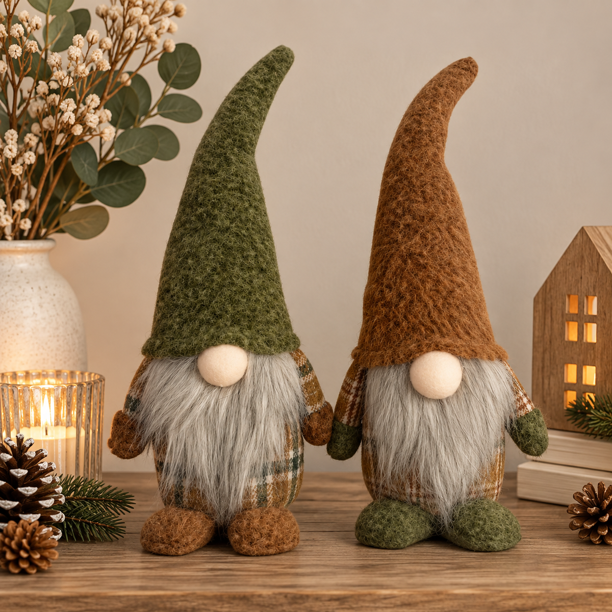 Gnom Fily 2-fach sortiert – H30 cm – Grüner & brauner Wichtel aus Polyester – Herbst, Weihnachtsdeko & Winterdeko