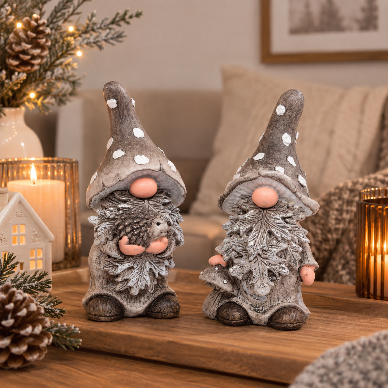 Poly-Wichtel 2er-Set in Grau & Silber 6,5 x 13,5 cm – Winterliche Dekofiguren Herbst