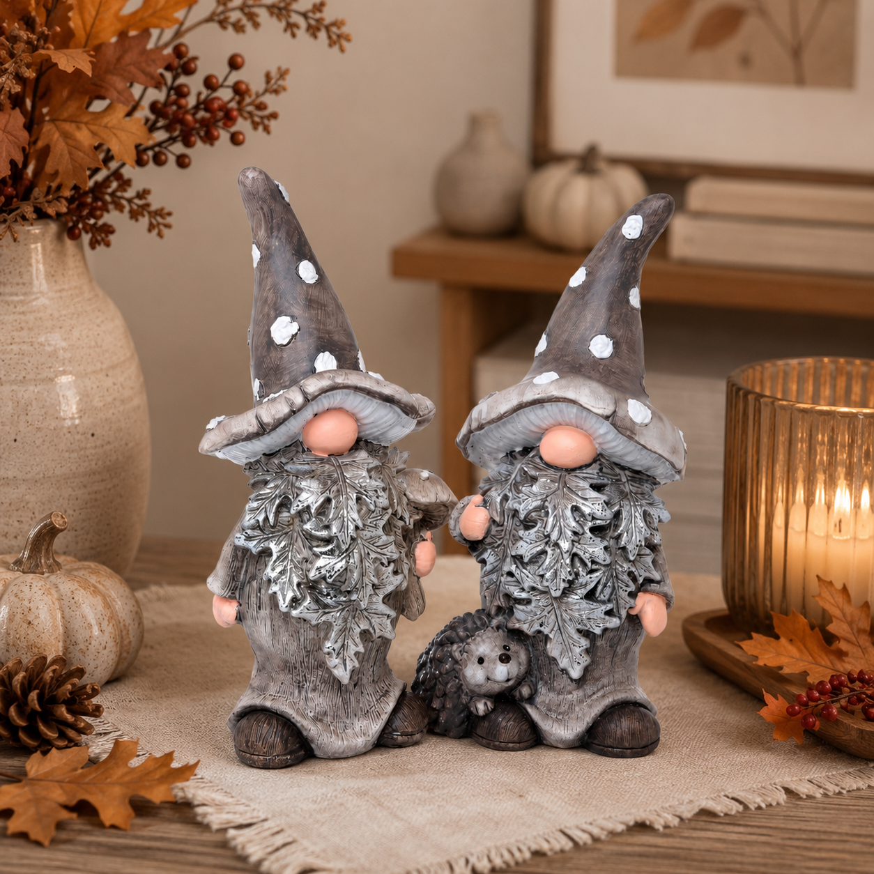 Poly-Wichtel 2er-Set in Grau-Silber – Dekorative Wichtelfiguren 9,5 cm x 19,5 cm Herbst