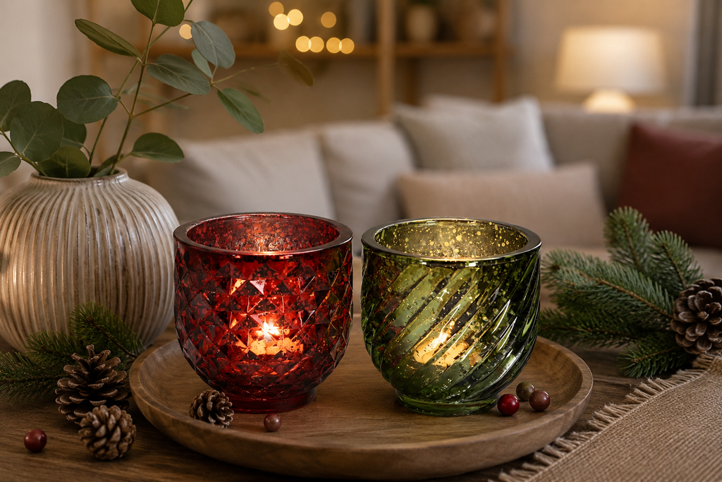 Windlicht aus Glas 2-fach sortiert Rot & Grün, Ø 9 × H 9 cm – Dekoratives Teelichtglas für Weihnachten, Advent und festliche Tischdekoration