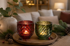 Windlicht aus Glas 2-fach sortiert Rot & Grün, Ø 9 × H 9 cm – Dekoratives Teelichtglas für Weihnachten, Advent und festliche Tischdekoration