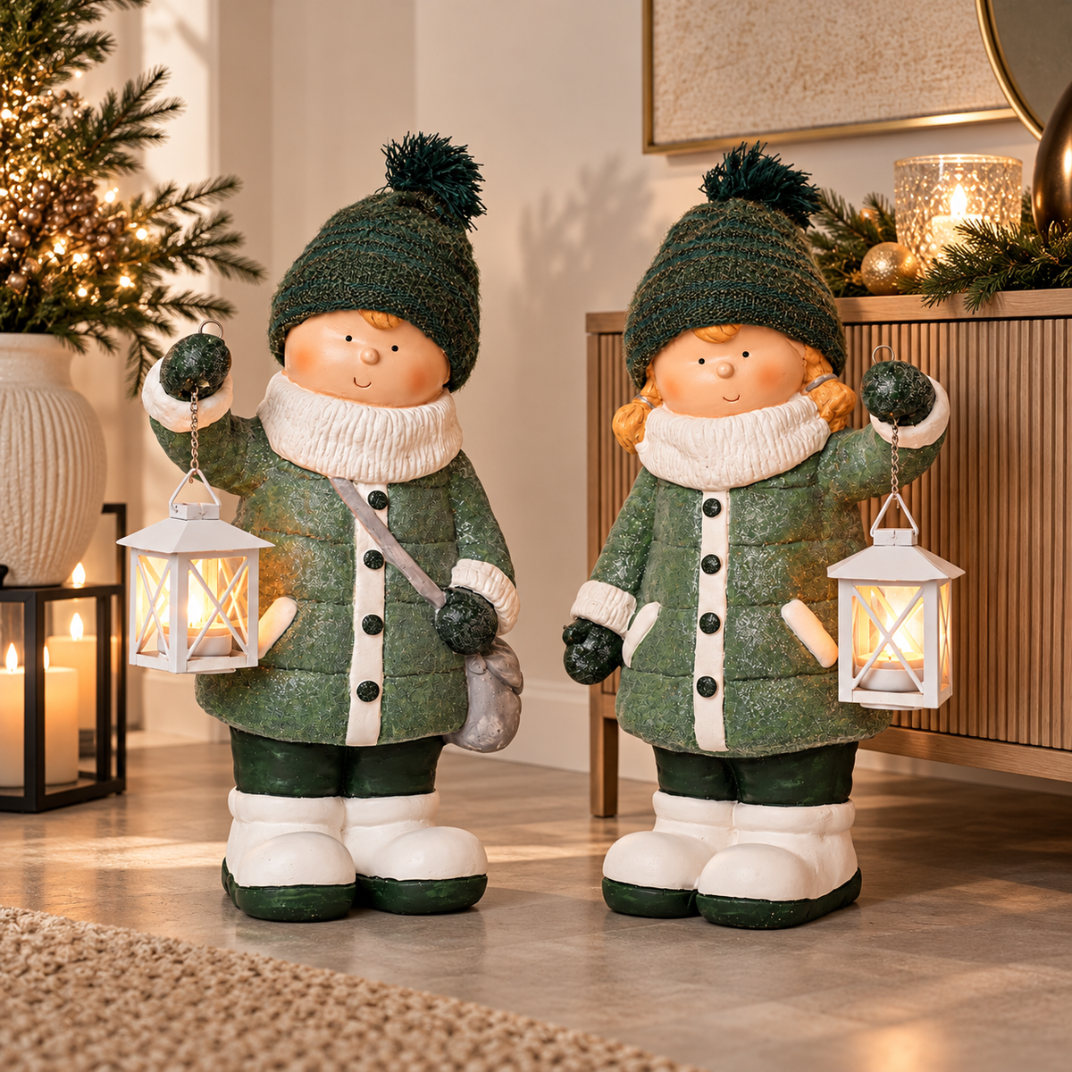 Winterkinder mit Laterne 2er Set 46 cm – Grüne Weihnachtsdeko aus Magnesia