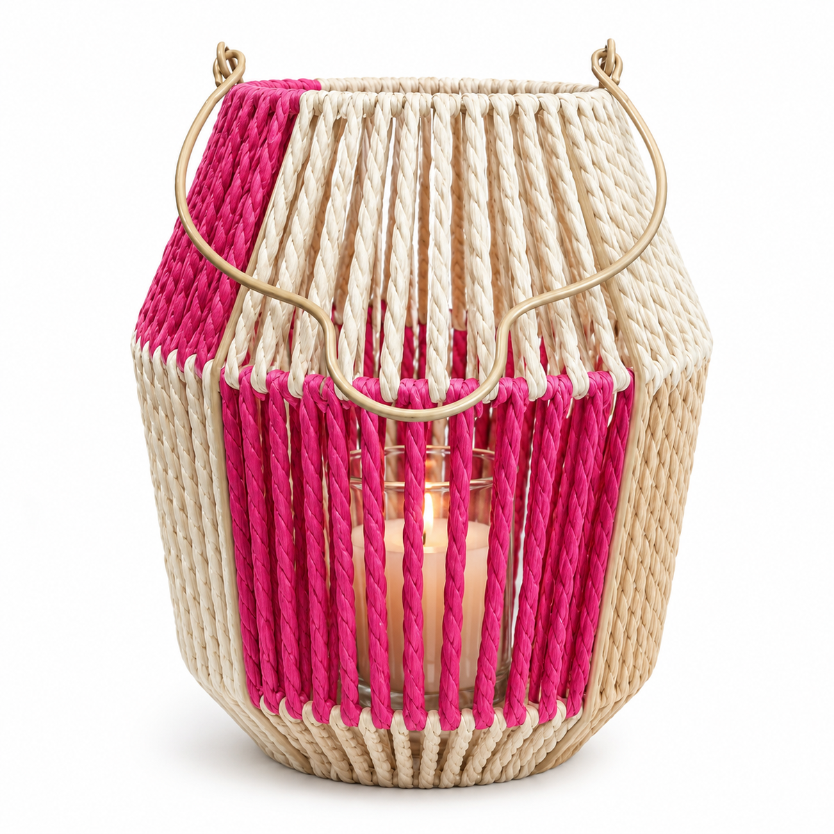 Laterne mit Glas Einsatz natur/pink H25cm Glas Ø7,5cm H8cm Dekorative Gartenlaterne Tischlaterne für Kerzen Wohn- & Gartendeko