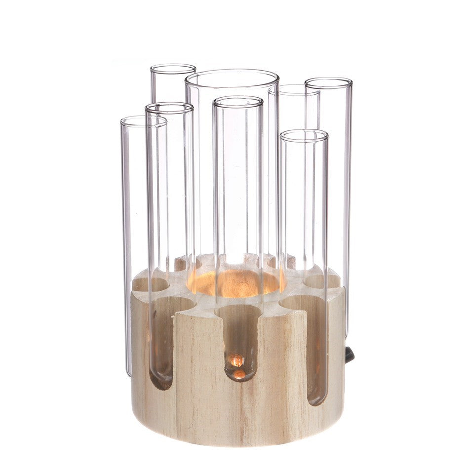 LED Glasvase Holzfuß Glasröhrchen Vase Ø12cm H20cm Tischdeko
