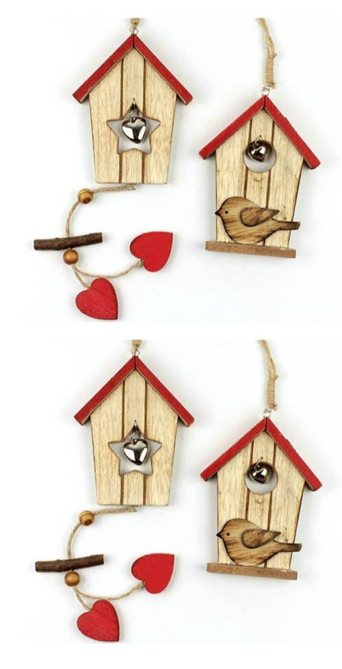 Vogelhaus Fensterdeko 2fach sortiert natur/rot H13 cm Box/4
