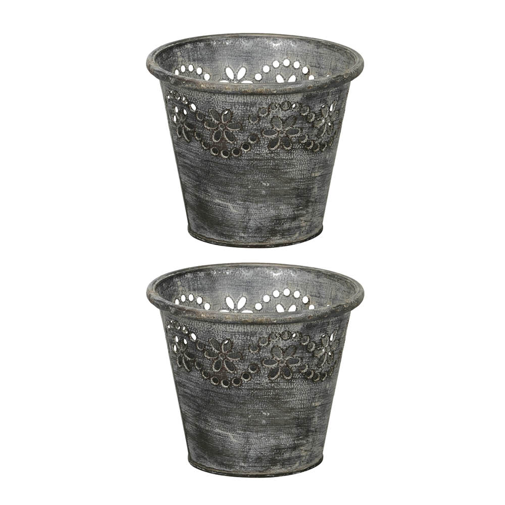 2x Metall Topf Blütenrand grau Ø16,5cm H13,5cm Übertopf