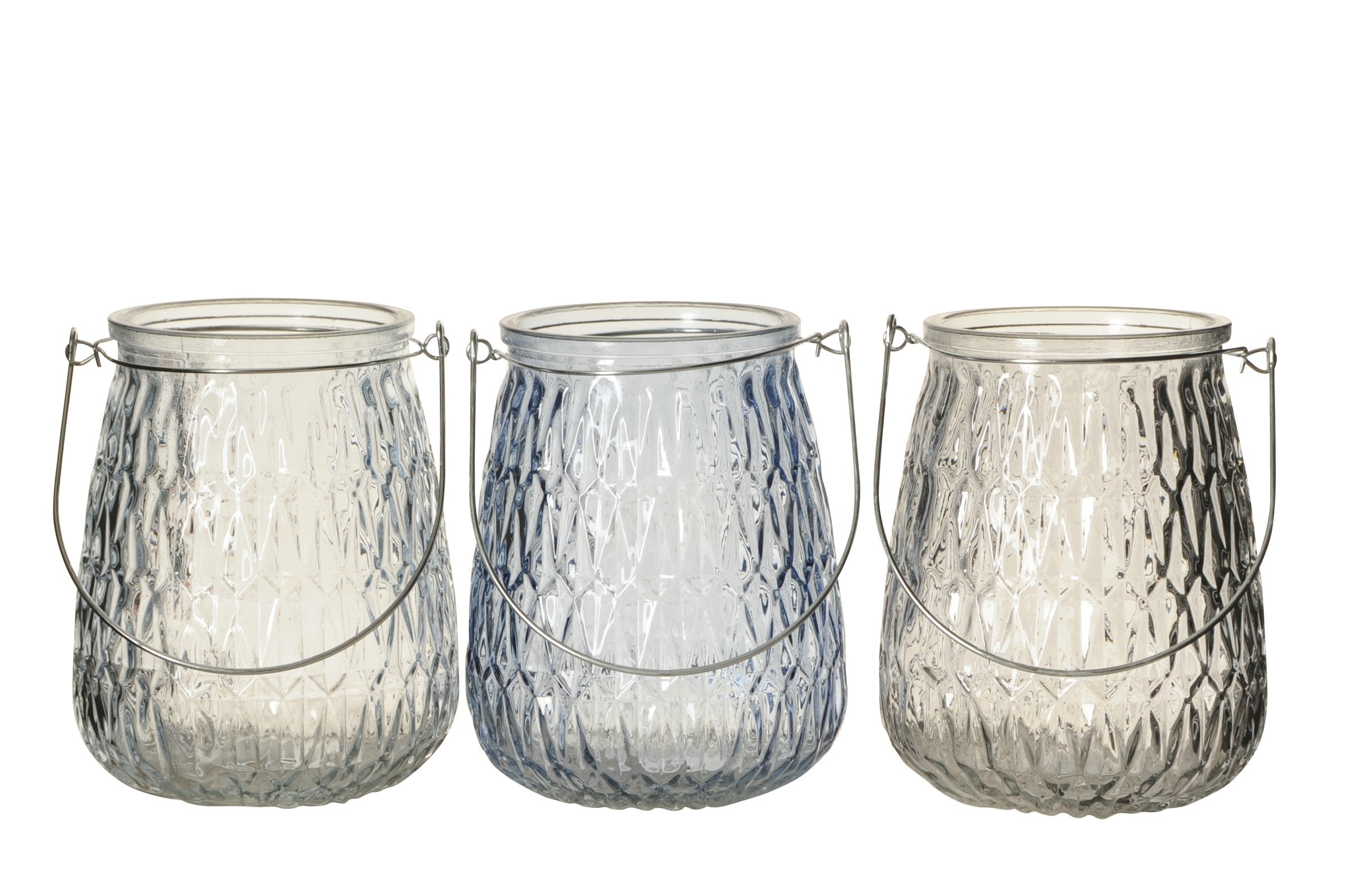 Windlicht 3Fb.sort. Maritim Glas grau/blau Ø11cm H14cm
