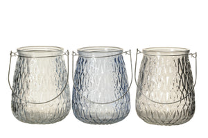 Windlicht 3Fb.sort. Maritim Glas grau/blau Ø11cm H14cm
