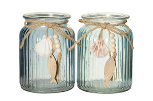 Windlicht 2Fb.sort. Maritim Glas grau/blau Ø11cm H14cm Fisch