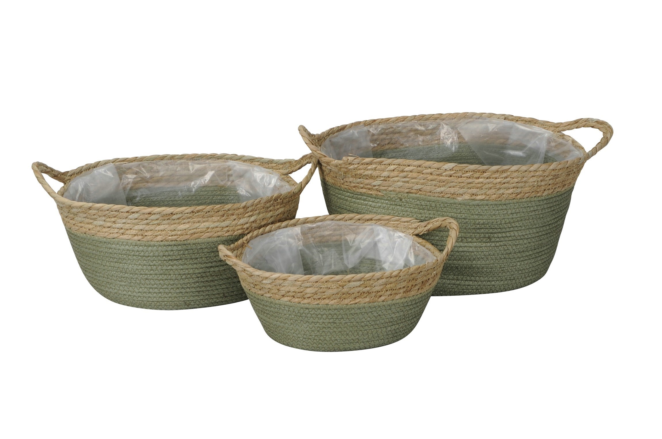 Korb Seegras oval m. Henkel 3erSet natur/oliv Ø24+28+32cm