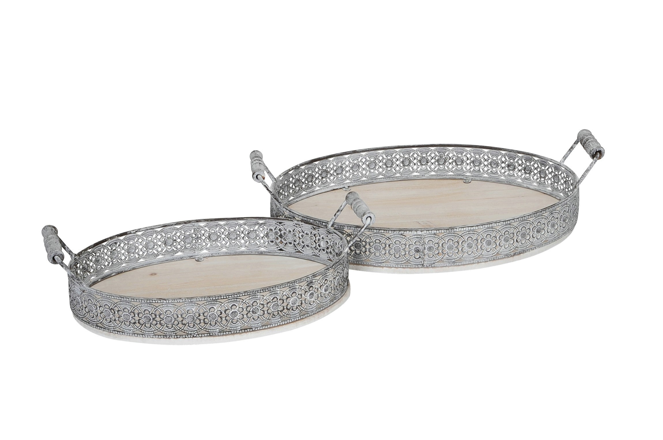 Tablett Metall 2erSet weiss/natur Dekotablett oval H6cm