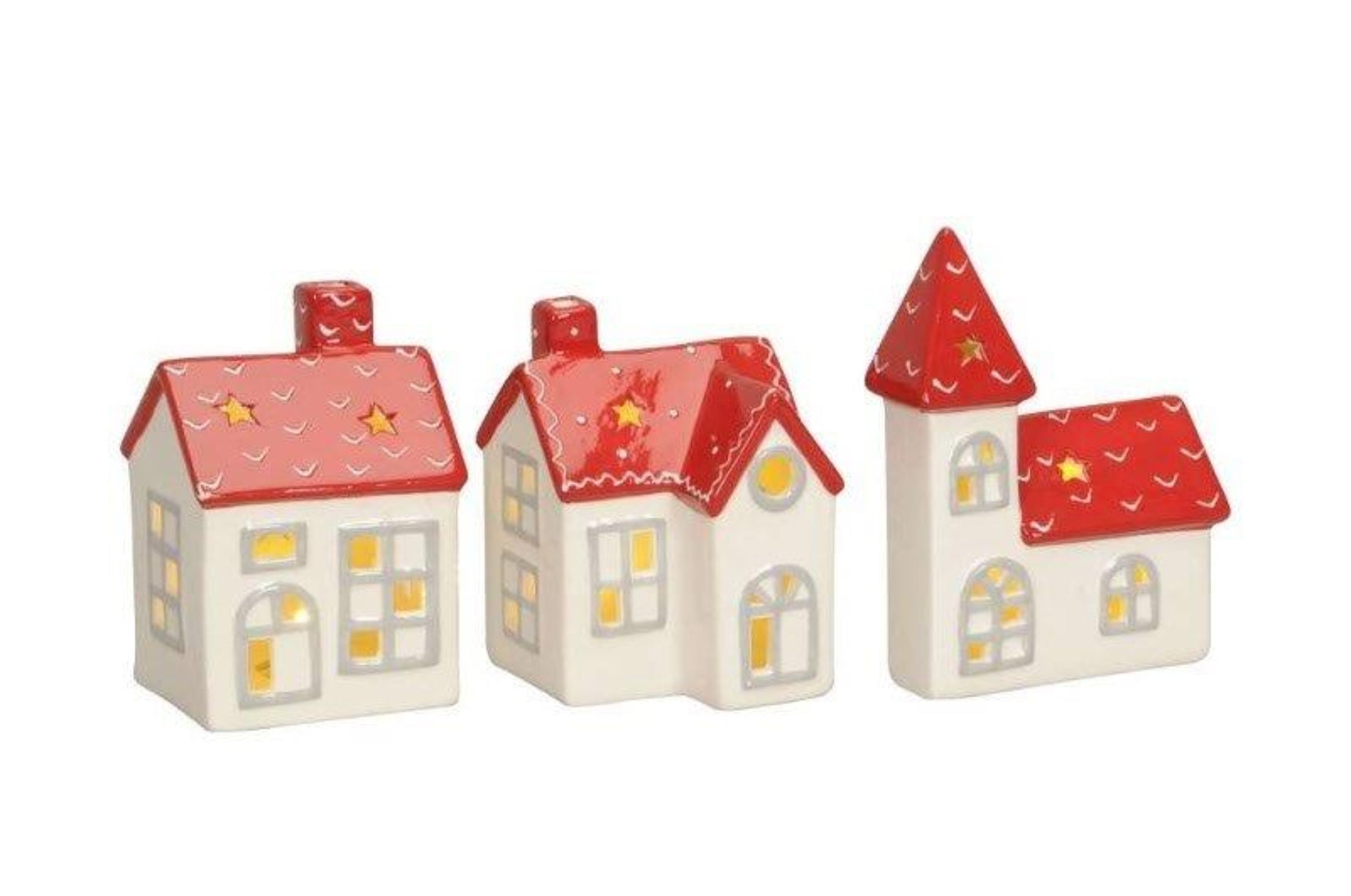 LED Haus Kirche 3erSet Keramik Weihnachten rot/weiß H12cm