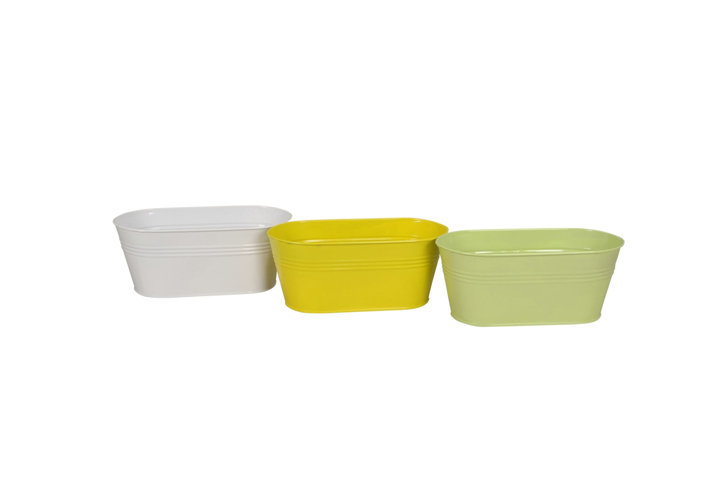 Schale 3Fb sort. Metall weiß/gelb/grün Jardiniere 22x11cm H9cm