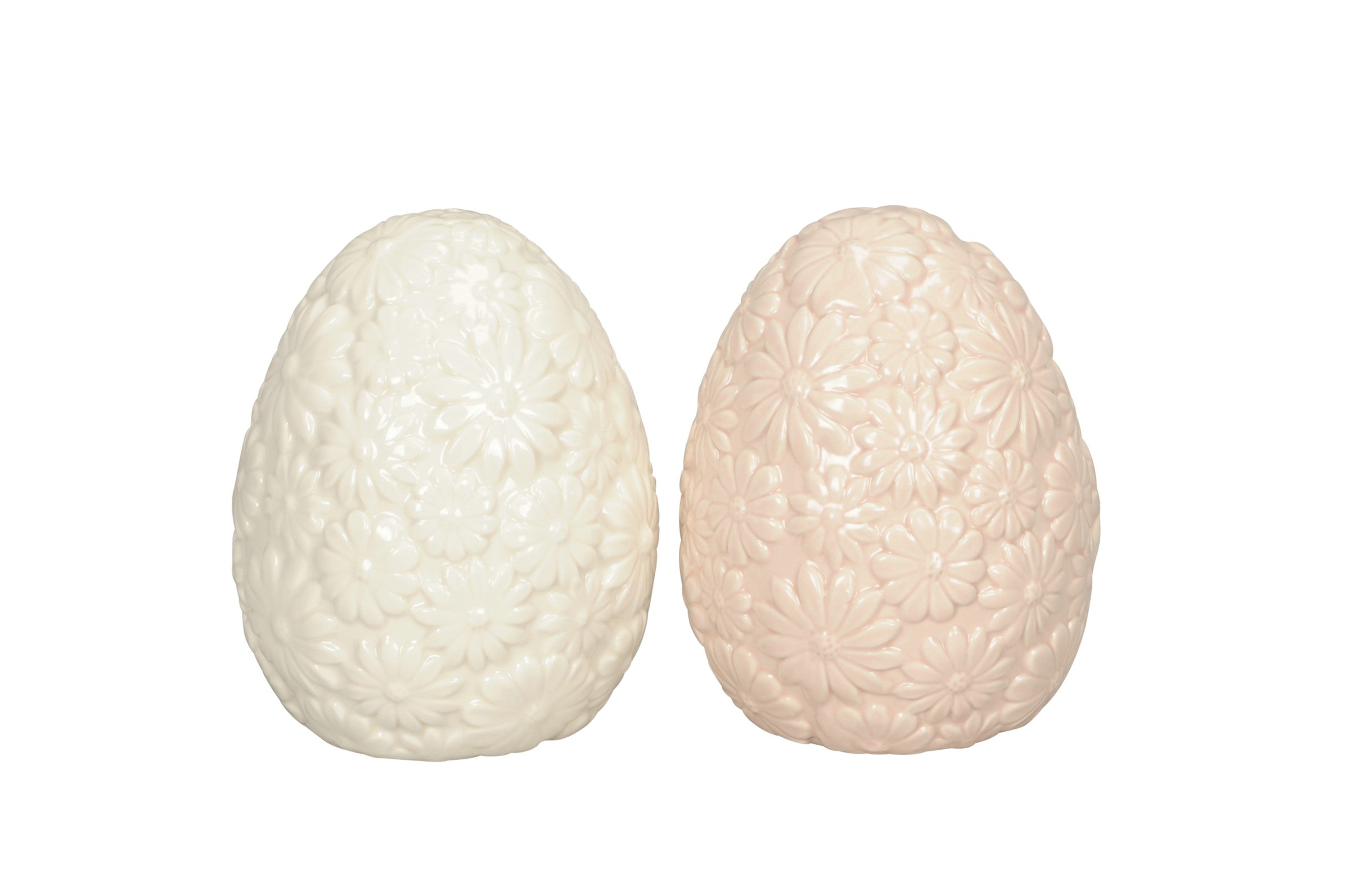 Osterei mit Blütenmotiv weiß/rosa im Landhausstil Dekoratives Oster-Ei aus Keramik H12cm Ø10cm Frühlings- und Osterdekoration für Zuhause 2Größen wählbar