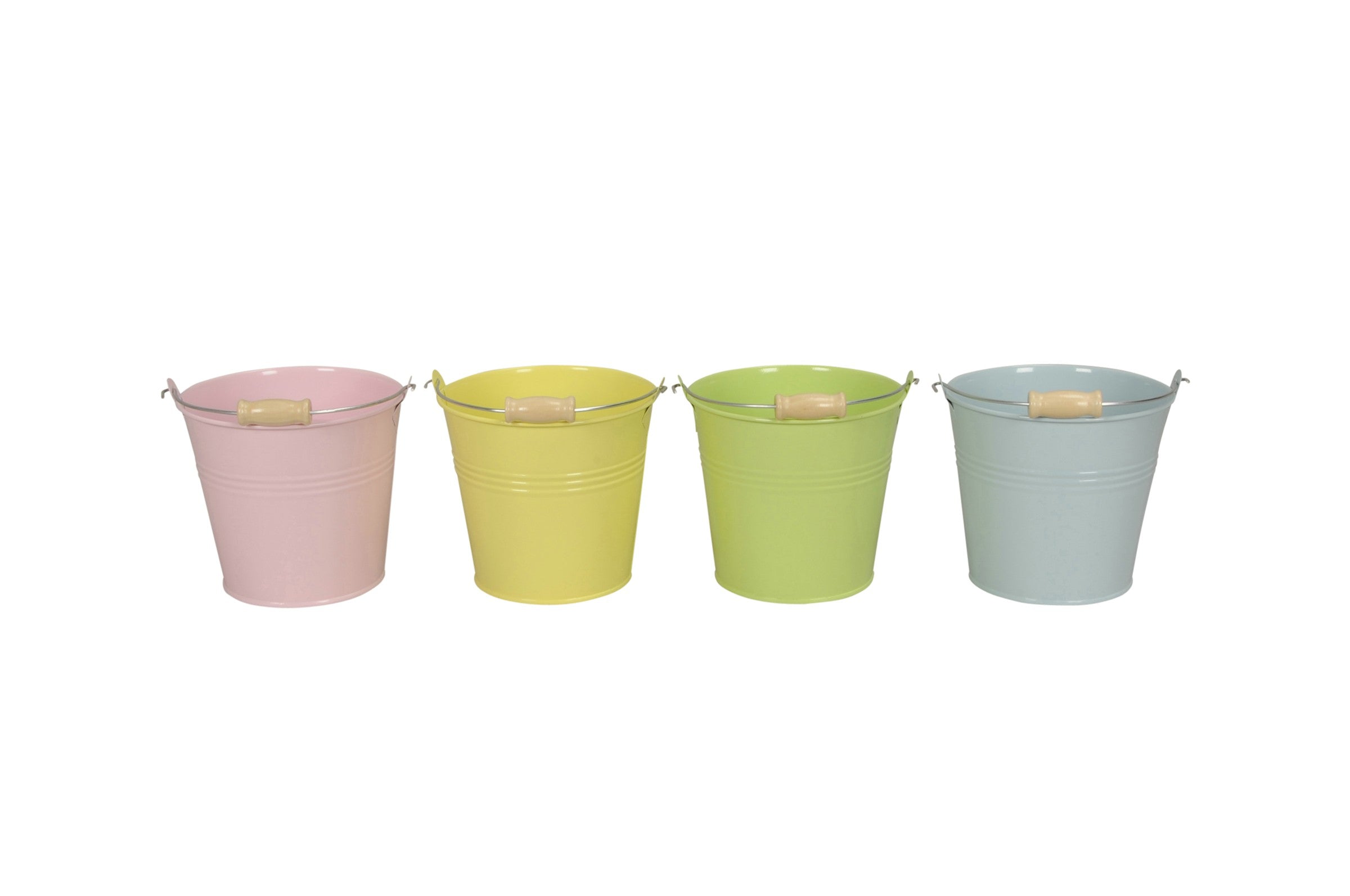 Eimer 4Fb sort. Metall mit Holzgriff rosa/gelb/grün/hellblau Ø8,5-13cm 3Größen wählbar
