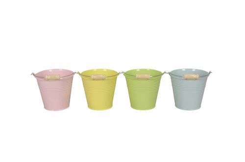 Eimer 4Fb sort. Metall mit Holzgriff rosa/gelb/grün/hellblau Ø8,5-13cm 3Größen wählbar