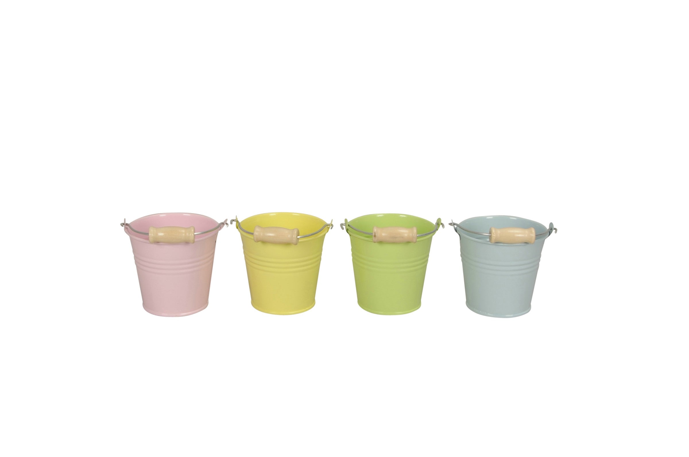 Eimer 4Fb sort. Metall mit Holzgriff rosa/gelb/grün/hellblau Ø8,5-13cm 3Größen wählbar