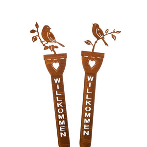 Gartenstecker Spruchschild "Willkommen" rost Vogel 2er Set