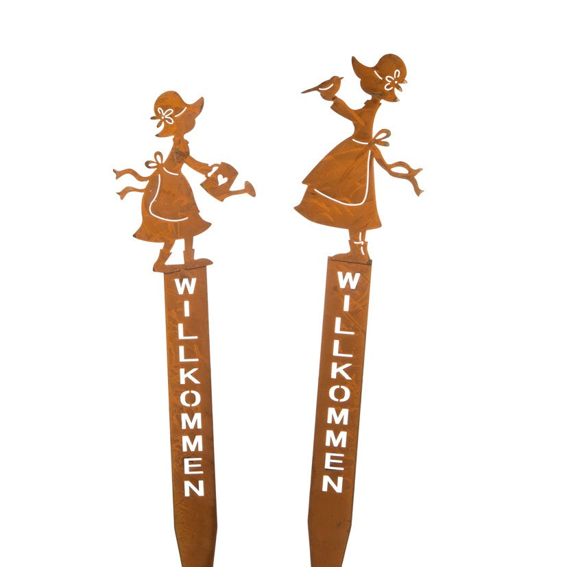 Gartenstecker Spruchschild "Willkommen" rost Mädchen 2er Set